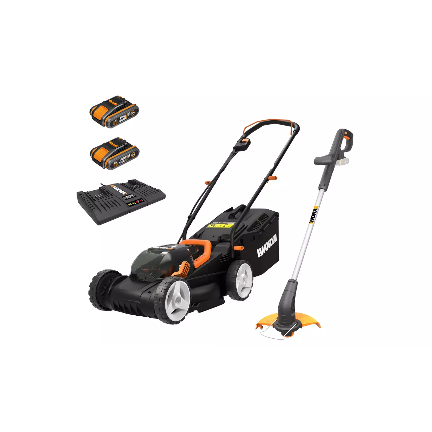 Worx Cordless 34cm Rotary Lawnmower and 25cm Grass Trimmer